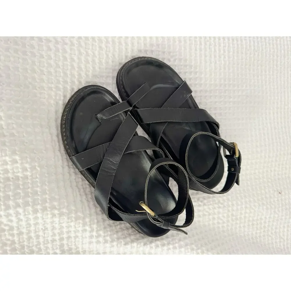 Black Strappy Ankle Strap Flat Sandals Size 7